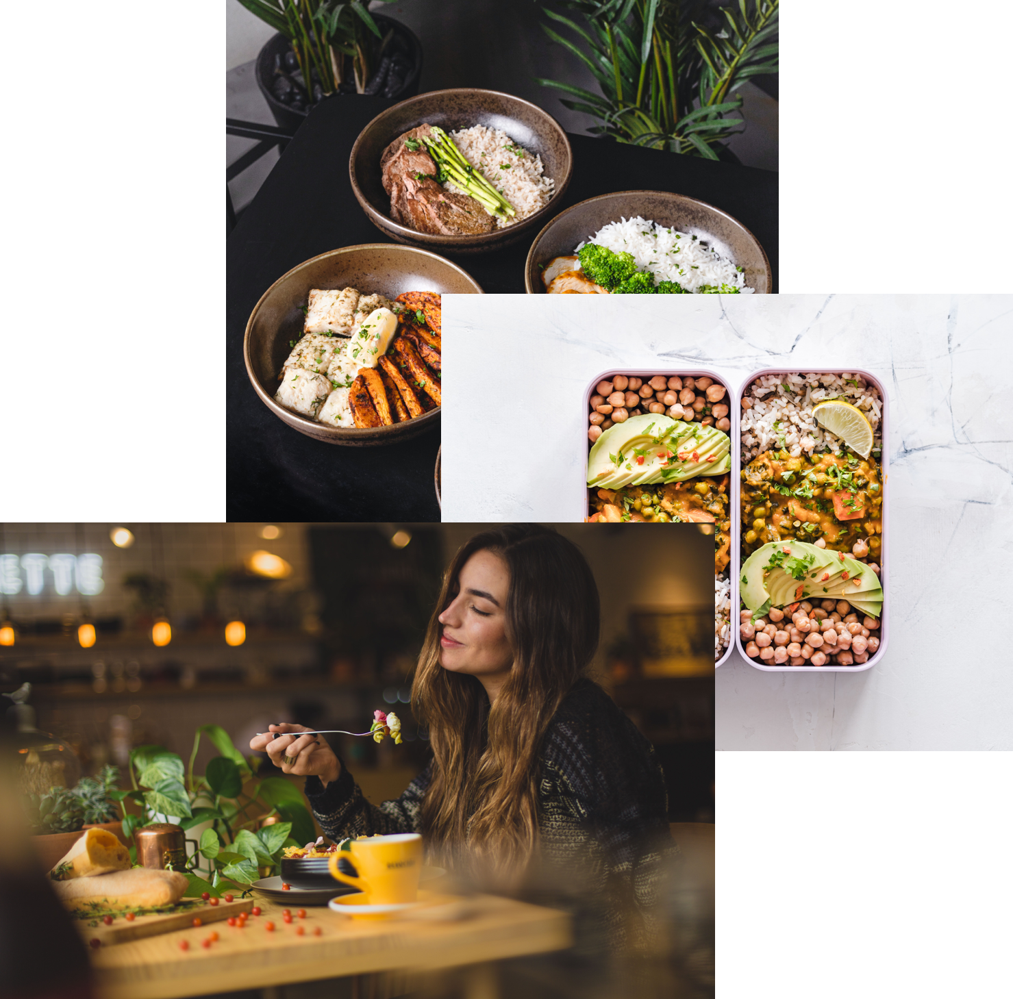 a women enjoying food, meals in storage container,and food bowls